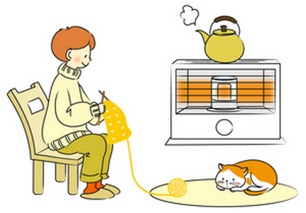 ストーブの前で編み物をする女性と猫