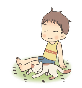 畳に座る男の子と猫